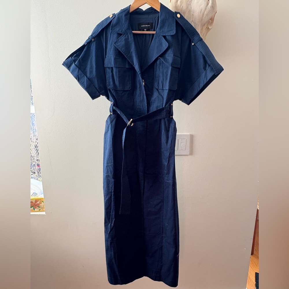 Karen Millen Cotton Sateen Short Sleeve Utility Pocket Belted Midi Dress - Picture 2 of 3